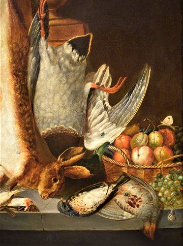 "Still life of game with fruit basket"